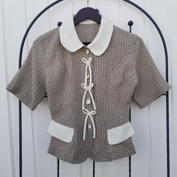 N/A Tops - Vintage gingham peplum blazer shirt short sleeve